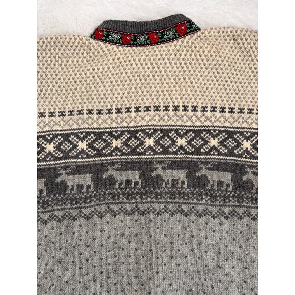Vintage Nordic Wool Cardigan Sweater Gray Fair Isle Reindeer Pattern XL - Picture 10 of 12
